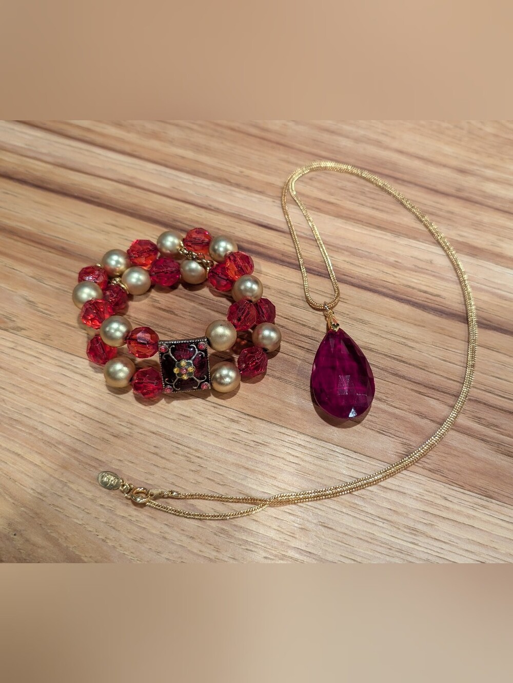 Gold Chain Necklace with Deep Red Teardrop Pendant And Matched Bracelet.